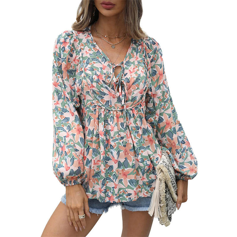 Womens Floral Ruffled Tunic Blouse Tie V Neck Casual Long Sleeve-Green