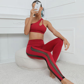 Womens Gym Workout 2 Piece Set Yoga Vest High Waisted Mesh Hip Lift Trousers-Red