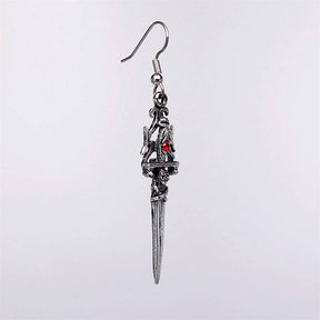 Gothic Skull Dagger Dangle Earrings with Red Crystals