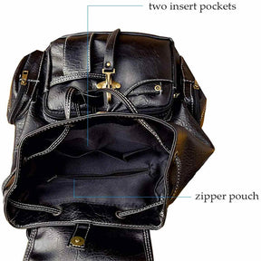 Teenager Leather Backpack Wallet Travel Drawstring Backpack-Black