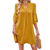 Womens Casual V Neck Dress 3/4 Sleeves Solid Color Loose Summer Dresses-Yellow