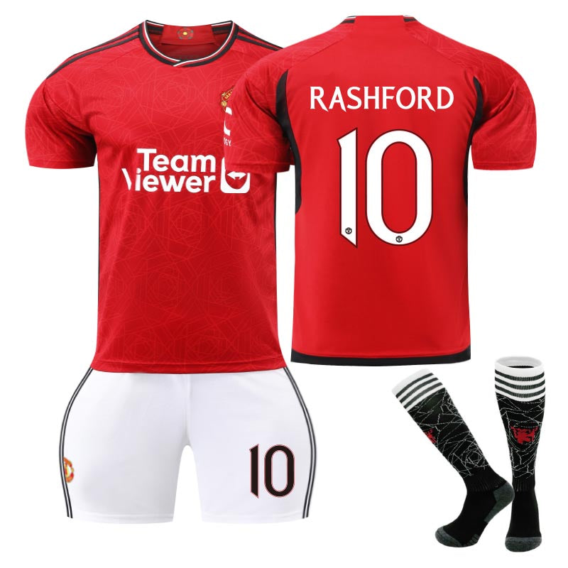 Red Devil Home Jersey RASHFORD #10 Soccer Jersey Kids Adult 3Pcs Jersey Kits