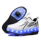 Double Wheel Roller Skate Shoes Light Up Sneakers for Boys Girls-Black White