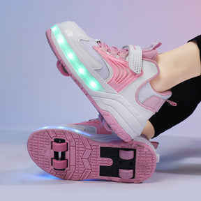 Ultralight Sneaker Roller Skate Shoes with Quad Roller for Children-Pink