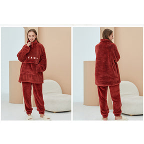 Thickening Coral Fleece Pajamas Set for Women-Red