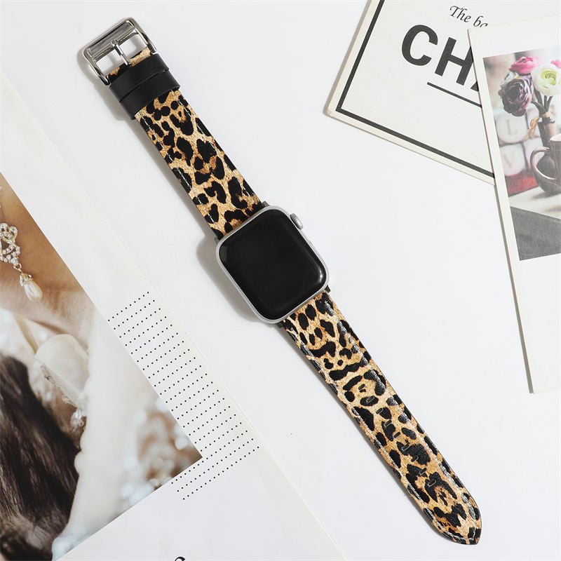 Genuine Leather Apple Watch Band Leopard Wristband for iWatch Series SE/6/5/4/3/2/1-Gold