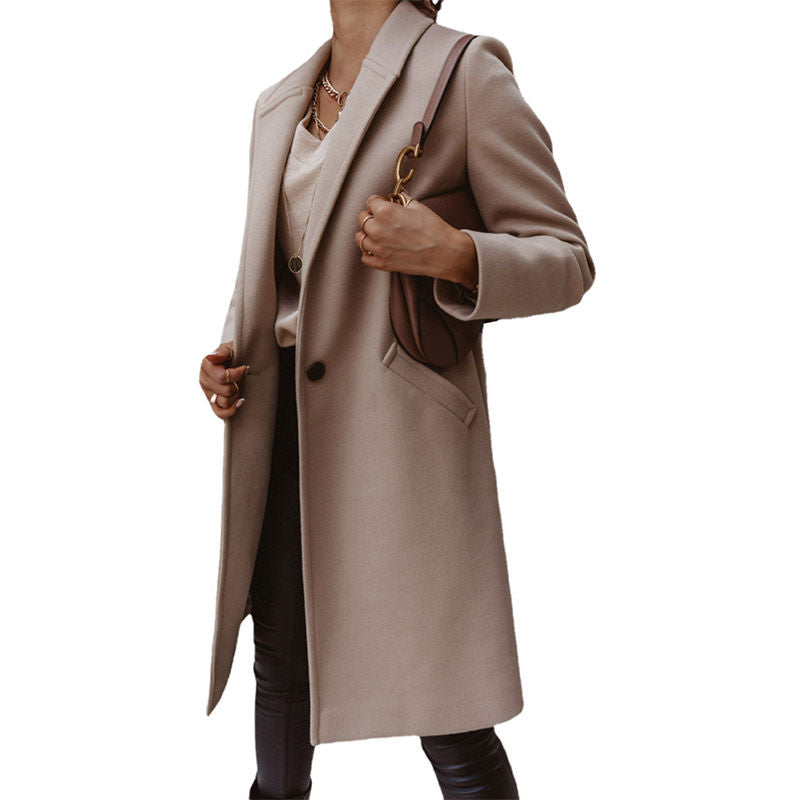 Elegant Womens Coat Lapel Solid Button Down Warm Long Outwear-Khaki