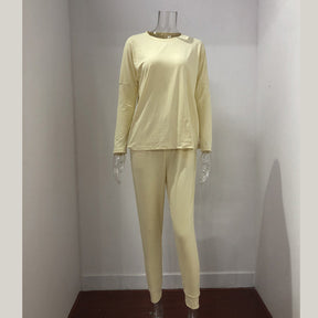 Women Loose Solid Color Long Sleeve Top Casual Drawstring Pants with Pockets-Apricot