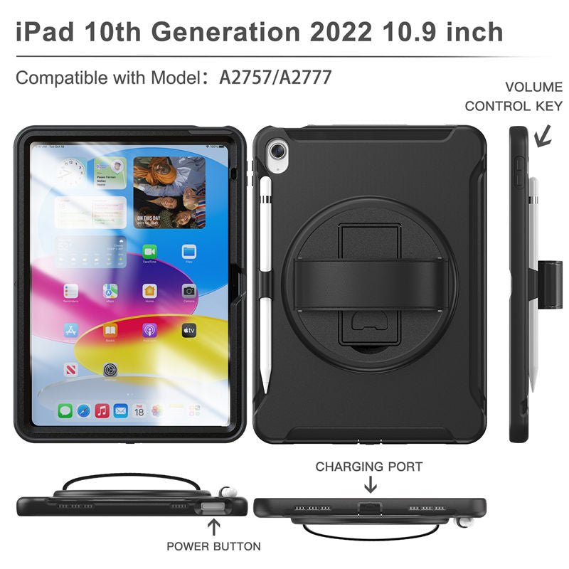 Tablet Case For iPad 10th with 360¡ã Kickstand/Hand Strap Shockproof-Black