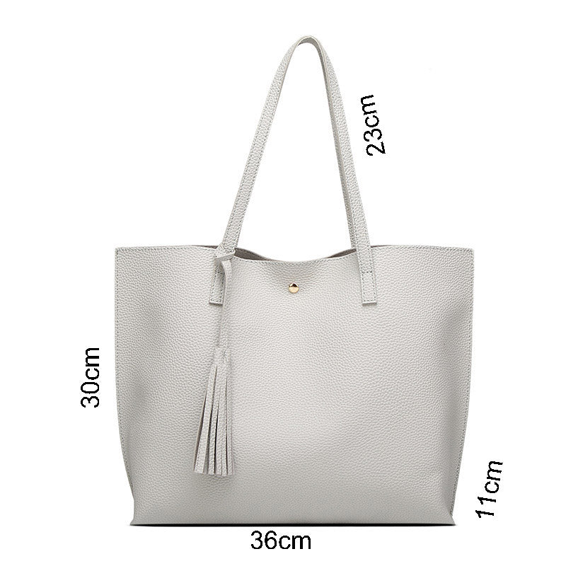 Womens Soft Leather Tote Shoulder Bag Big Capacity Tassel Handbag-Grey