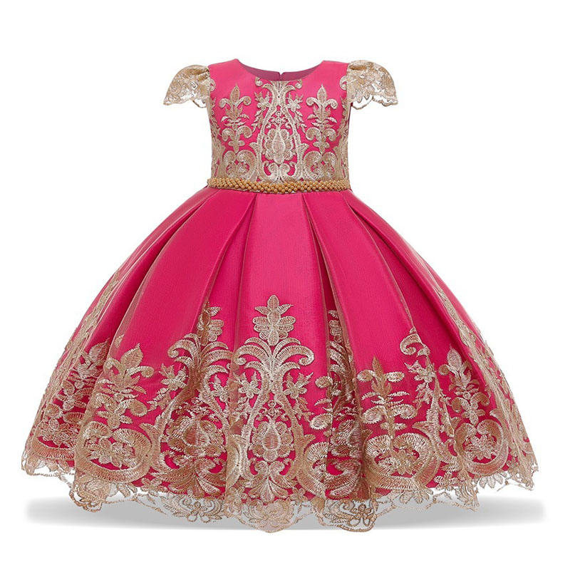 Girl Flower Lace Printed Cotton Elegant Tulle Bow Belt Princess Dress-11Rose Red