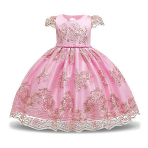 Girl Flower Lace Printed Cotton Elegant Tulle Bow Belt Princess Dress-16Pink