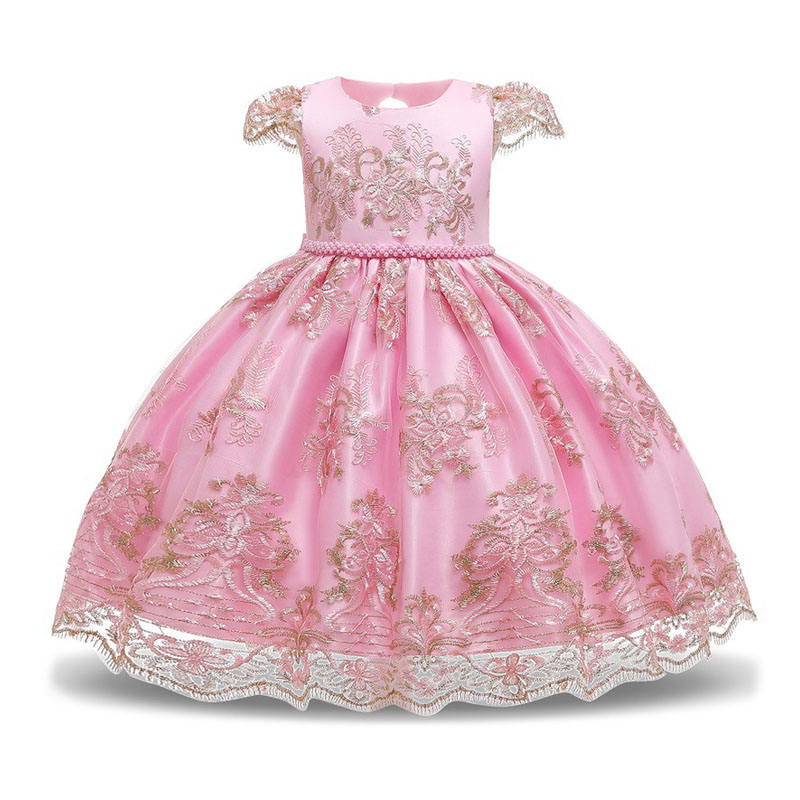 Girl Flower Lace Printed Cotton Elegant Tulle Bow Belt Princess Dress-16Pink