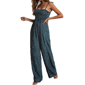 Ladies Polka Dot Spagettic Strap Wide Leg Jumpsuits-Green