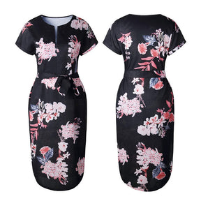 Womens Sexy Dresses Summer Casual V-Neck Printing Pattern Belted Slim Dress-Black