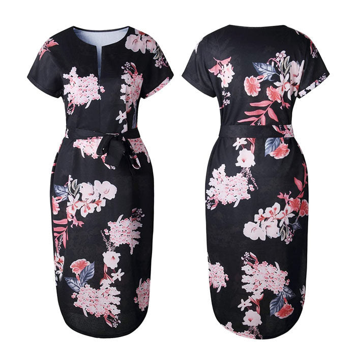 Womens Sexy Dresses Summer Casual V-Neck Printing Pattern Belted Slim Dress-Black