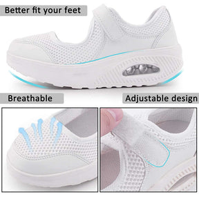 Women Casual Air Cushion Sneakers Velcro Mary Jane Shoes-White
