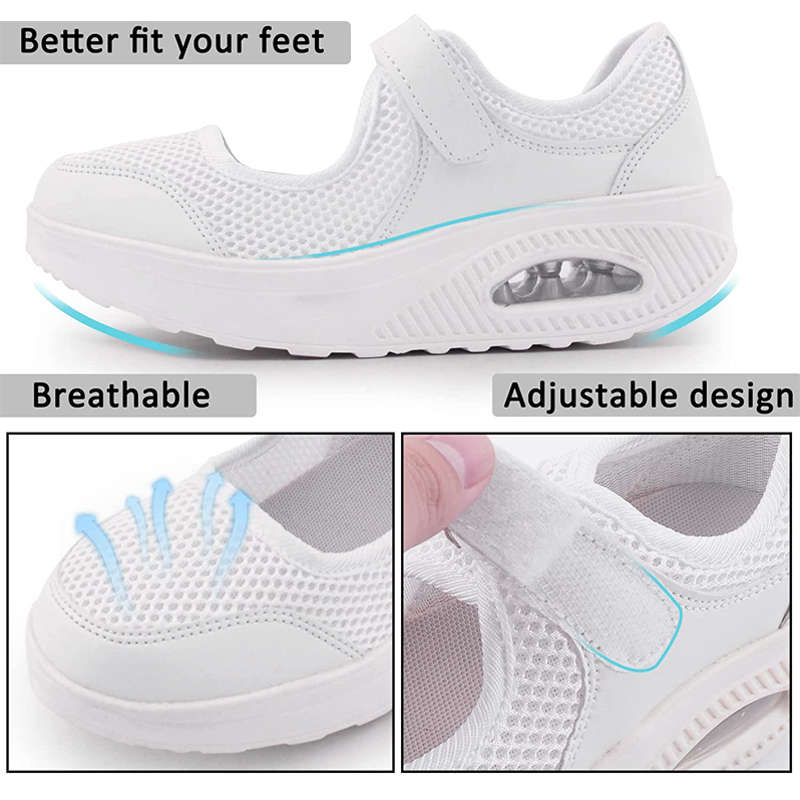 Women Casual Air Cushion Sneakers Velcro Mary Jane Shoes-White