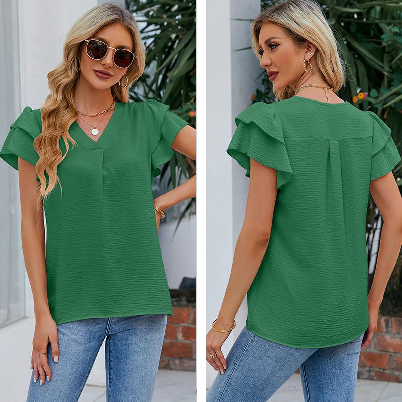 Womens Ruffle Short Sleeve Chiffon Blouses V Neck Solid Color Casual Top-Green