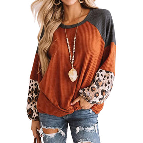 Womens Twist Knot Shirts Waffle Leopard Print Color Block Loose Fit Tops-Orange