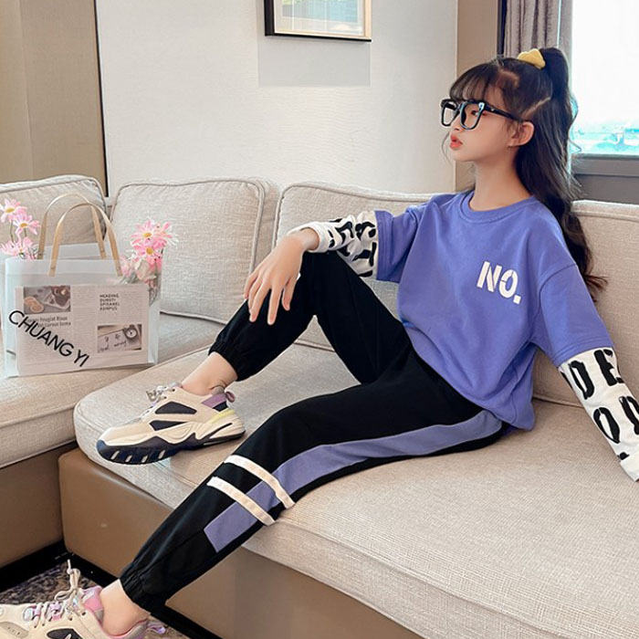 Girls Joggers Long Pants Pockets Outdoor Casual Trousers Two Bars-Black