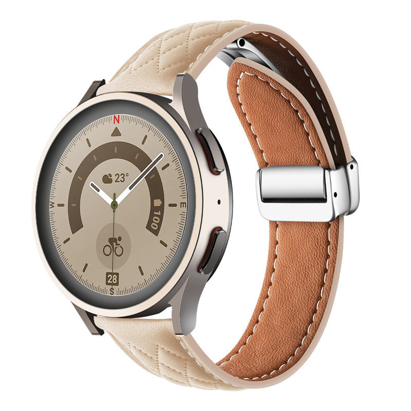 20mm Classic Leather Band Silver Folding Buckle for Samsung Huawei Watch-Apricot