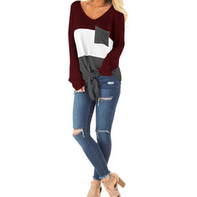 Womens Long Sleeve V-neck Autumn T-shirt Loose Top with Pockets-WineRed