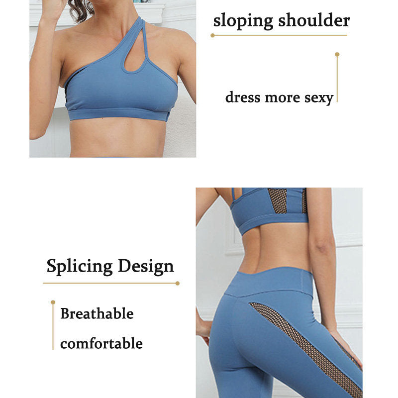 Womens Gym Workout 2 Piece Set Yoga Vest High Waisted Mesh Hip Lift Trousers-Blue