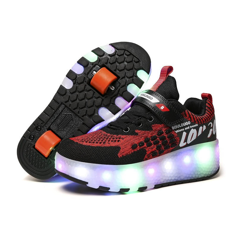 Kids Roller Shoes LED Light Rechargeable with Double Wheel-Black