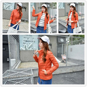 Lookbook Womens Lightweight Puffer Jacket Winter Stand Collar Short Coat-Orange