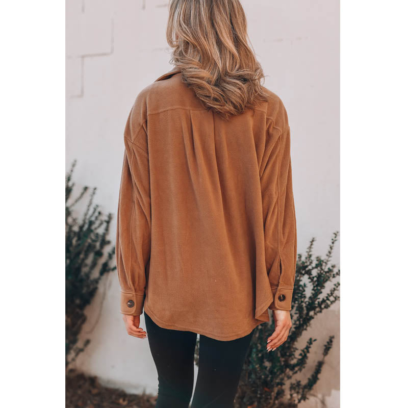 Lookbook Womens Fleece Long Sleeved Shirt Casual Boyfriend Blouse Top-Caramel