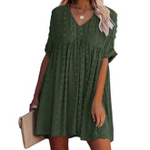 Womens Summer Short Sleeve V-neck Dress Swiss Dot A Line Dresses-Green