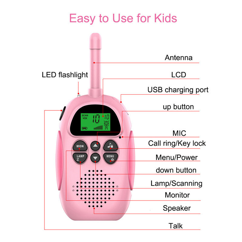 2 Pcs Kids Walkie Talkies Rechargeable 22 Channels 2 Way Radio-Pink Blue