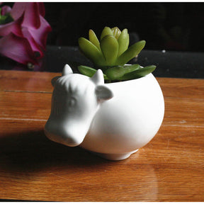 Cute Animal Cow Shaped Cartoon Ceramic Succulents Cactus Flower Pot(Plant and Bamboo Tray Not Included)