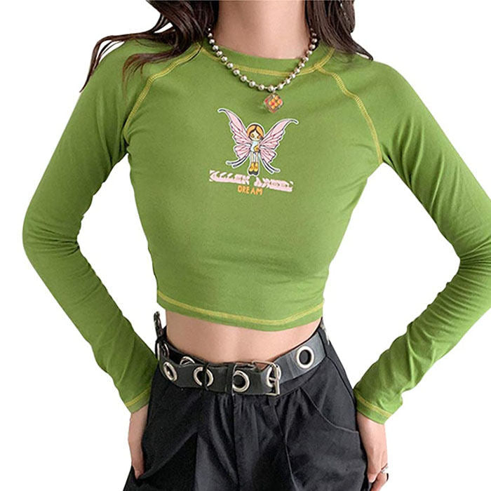 Girl Long Sleeve Clothing Graphic Print Summer Crop Top-Green