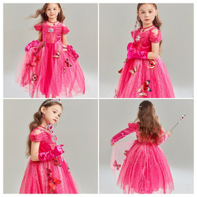 Girls Princess Dress with Accessories Butterflies Tulle Party Gown-Pink