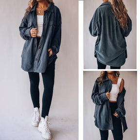 Lookbook Womens Fleece Long Sleeved Shirt Casual Boyfriend Blouse Top-Navy