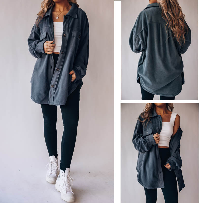 Lookbook Womens Fleece Long Sleeved Shirt Casual Boyfriend Blouse Top-Navy