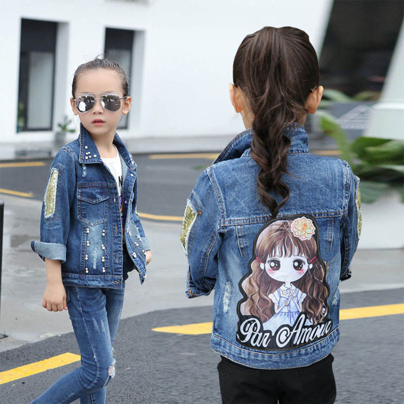 3-9T Little Girls Embroidered Denim Jacket Button Down Long Sleeve Denim Coat-Girls