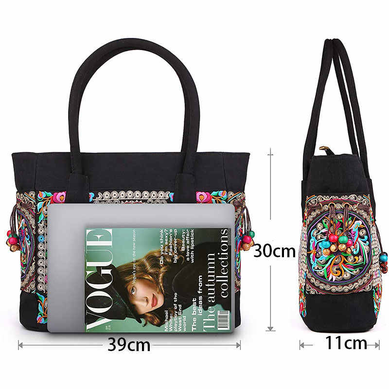 Embroidered Canvas Top Handle Handbag Ladies Casual Vintage Shoulder Bag-RedPeony
