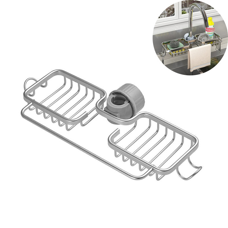 Faucet Sponge Holder Rustproof Sink Caddy for Dishcloth-Silver with Rod