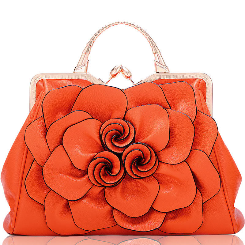 Womens Rose Flower Evening Clutches Formal Party Totes Shoulder Bag-Orange
