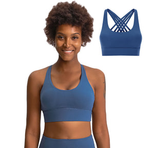 High Support Sports Bras Breathable Strappy Crisscross Back Tops-Blue