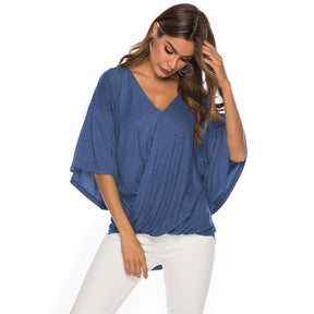 Womens Summer Ruffle Sleeve V-Neck T-Shirt Knot Tops-Blue