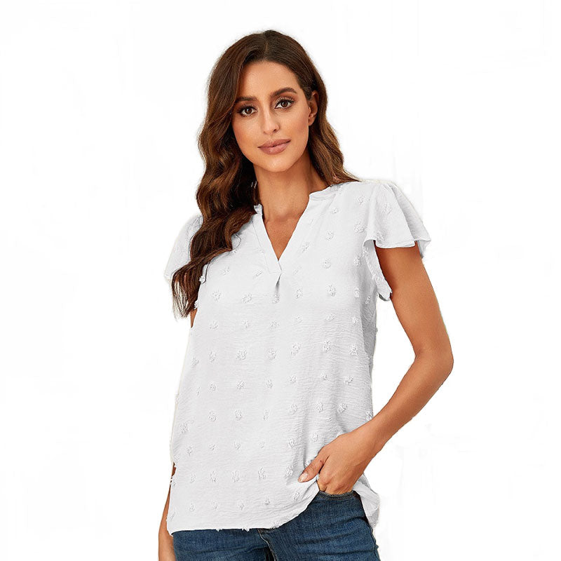 Womens Ruffle Shirts V Neck Short Sleeve Pom Chiffon Blouses Tops-White