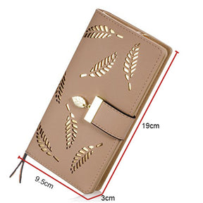 Womens Long Leaf Bifold Wallet Leather Zipper Buckle Elegant Clutch-Khaki