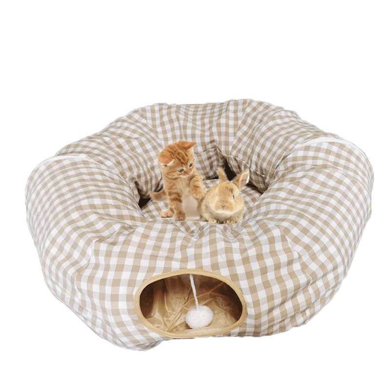 Cat Tunnel Soft Bed with Central Mat Foldable Toy-BeigePlaid