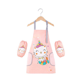 Kids Adjustable Kitchen Apron with Sleeve Covers for Cooking Painting-Pink Cat