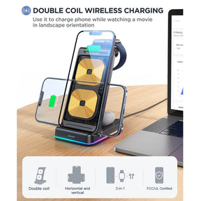 3 in 1 Wireless Charging Station Foldable Double Coil for iPhone 14 AirPods Apple Watch 7 SE 6