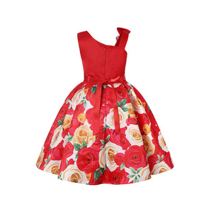 Oblique Shoulder Childrens Dress Rose Print Dress Girls Evening Party Costume-Red